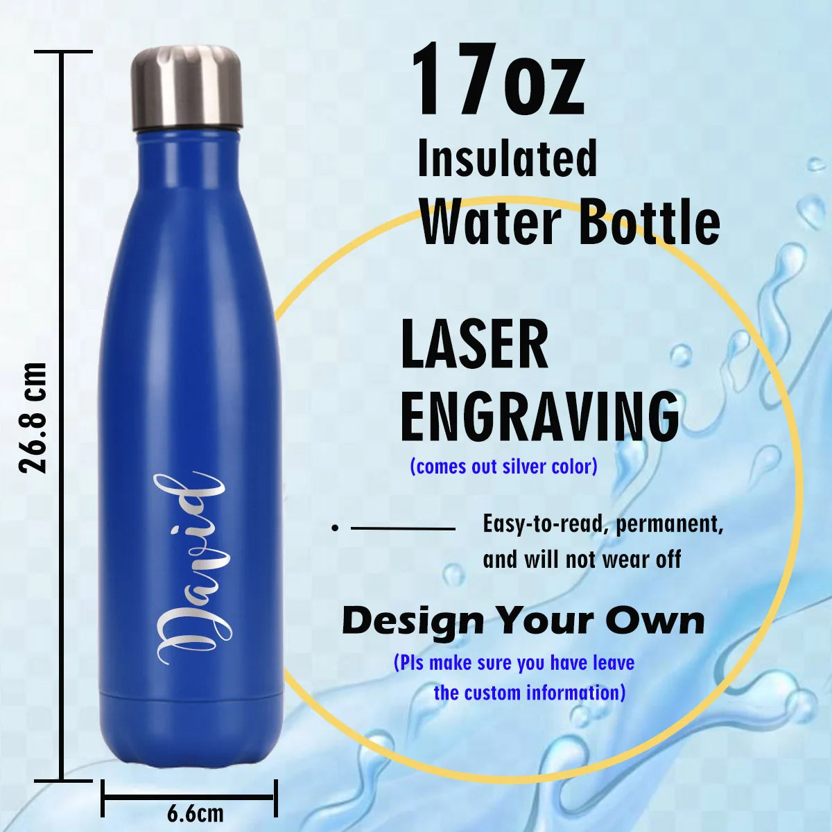 17oz Stainless Steel Water Bottle with Name,Double Wall Vacuum Bottle,Women Men School Cycling Gym Sport,Customize Birthday Gift